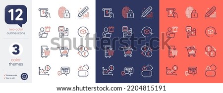 Set of Dollar rate, Refrigerator and Quick tips line icons. Include Tickets, Seo shopping, Edit statistics icons. User notification, Atm service, Return package web elements. Lock. Vector