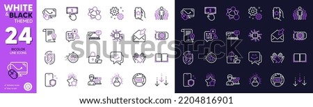Internet chat, Chemistry experiment and Binary code line icons for website, printing. Collection of Integrity, Fingerprint, Computer mouse icons. Scroll down, Phone protect. Vector