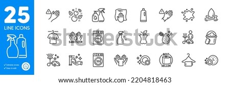 Outline icons set. Hold t-shirt, Shampoo and spray and Cleaning liquids icons. Dry t-shirt, Dont touch, Clean towel web elements. Dirty spot, Cleaning, Washing machine signs. Vector