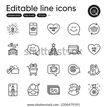 Set of Holidays outline icons. Contains icons as Image gallery, Santa sack and Ice cream elements. Pillow, World globe, Puzzle web signs. Smile chat, Journey, Coffee elements. Vector