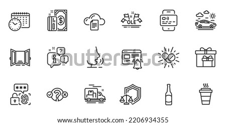 Outline set of Quiz test, Medical drugs and Calendar time line icons for web application. Talk, information, delivery truck outline icon. Include Delivery boxes, Ole chant, Beer icons. Vector