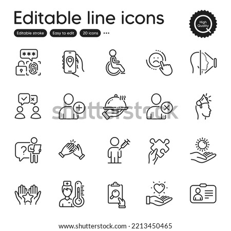 Set of People outline icons. Contains icons as Face id, People voting and Dislike elements. Search employee, Restaurant food, Id card web signs. Thermometer, Inspect, Clapping hands elements. Vector