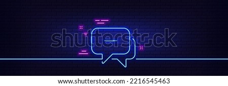 Neon light glow effect. Message line icon. Chat comment sign. Speech bubble symbol. 3d line neon glow icon. Brick wall banner. Message outline. Vector