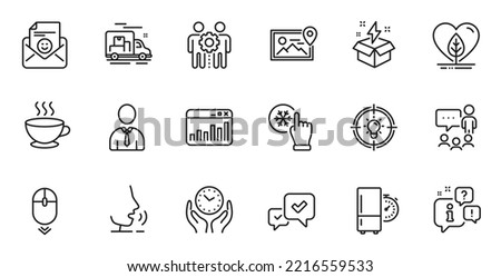 Outline set of Approve, Smile and Refrigerator timer line icons for web application. Talk, information, delivery truck outline icon. Include Photo location, Creative idea, Scroll down icons. Vector