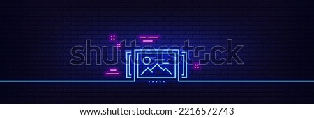 Neon light glow effect. Image carousel line icon. Photo thumbnail sign. Album picture placeholder symbol. 3d line neon glow icon. Brick wall banner. Image carousel outline. Vector
