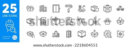 Outline icons set. Open door, Brush and Lighthouse icons. Construction toolbox, Skyscraper buildings, Opened box web elements. Parcel shipping, Packing boxes, Parcel signs. Hold box. Vector