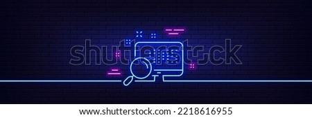 Neon light glow effect. Search in computer line icon. Find data sign. Magnify glass. 3d line neon glow icon. Brick wall banner. Search outline. Vector