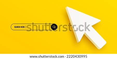 3d arrow cursor and search bar template for website. Navigation search for web browser. 3d mouse cursor icon. Ask question template banner. Support FAQ information design. Vector