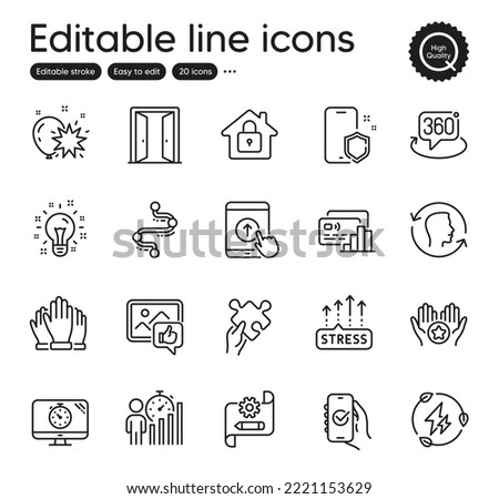 Set of Business outline icons. Contains icons as Green electricity, Business statistics and Favorite elements. Vote, Seo timer, 360 degree web signs. Open door, Puzzle. Vector
