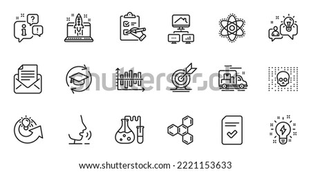 Outline set of Idea, Cyber attack and Share idea line icons for web application. Talk, information, delivery truck outline icon. Include Work home, Chemical formula, Checklist icons. Vector