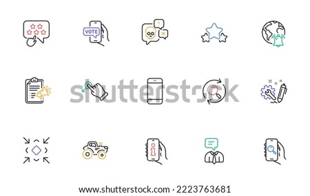 Stars, Engineering and Ranking star line icons for website, printing. Collection of Search app, Internet notification, Search icons. Smartphone, Online voting, Tractor web elements. Vector