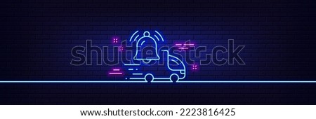 Neon light glow effect. Delivery notification line icon. Alarm bell reminder sign. Truck alert symbol. 3d line neon glow icon. Brick wall banner. Delivery notification outline. Vector