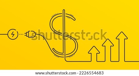 Electric power cord in the dollar sign. Inflation concept banner. Electricity and utility cost, expense and bills. Save electric power background. Electricity up trend chart. Vector