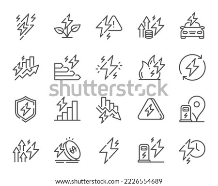 Energy line icons. Electric power, Charge station and Electricity price inflation set. Eco energy, efficiency consumption and saving electricity line icons. Lightning bolt, electric power. Vector