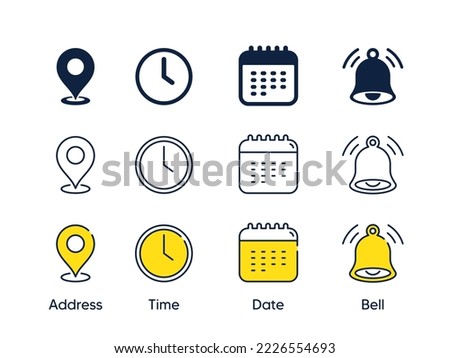 Place, Time, Date and Notification line icons. Calendar, address location pointer and alarm bell. Notice alert, business schedule and office time clock. Location place, date reminder. Vector