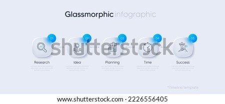 Glass morphism business 5 step flowchart or timeline diagram. Round glass labels with numbers and icons. Business timeline chart template. Infographic 5 steps. Glass morphism effect. Vector