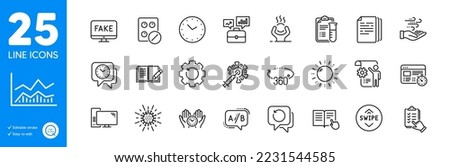 Outline icons set. Recovery data, Medical analyzes and Trade infochart icons. Swipe up, Coronavirus vaccine, Medical tablet web elements. Ab testing, Safe time, Clock signs. Vector