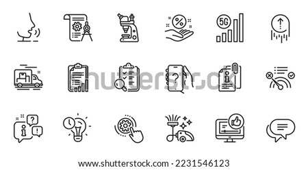 Outline set of Attached info, Time management and Like video line icons for web application. Talk, information, delivery truck outline icon. Vector
