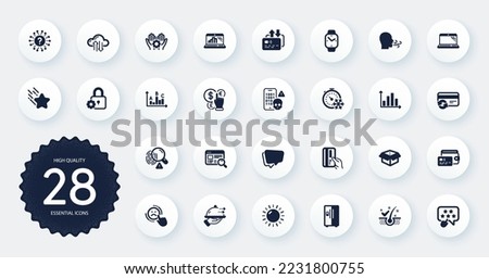 Set of Technology icons, such as Sun energy, Ranking star and Diagram graph flat icons. Lock, Open box, Cyber attack web elements. Money currency, Graph laptop, Dislike signs. Circle buttons. Vector