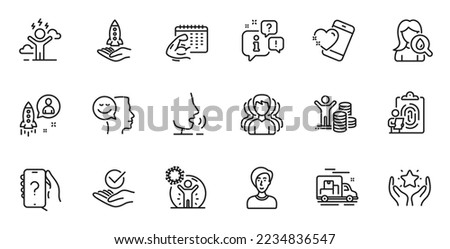 Outline set of Startup, Group and Crowdfunding line icons for web application. Talk, information, delivery truck outline icon. Include Approved, Heart, Good mood icons. Vector