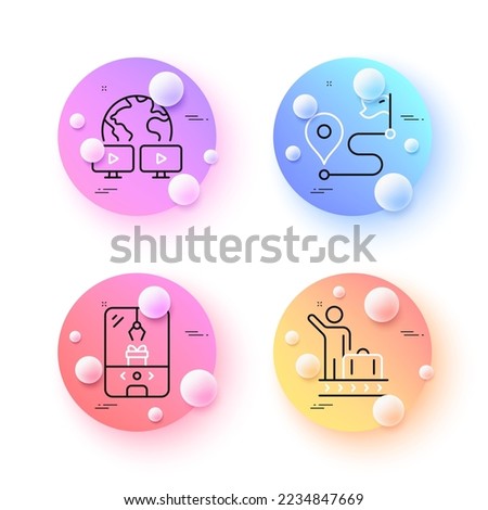 Video conference, Luggage belt and Crane claw machine minimal line icons. 3d spheres or balls buttons. Journey icons. For web, application, printing. Vector