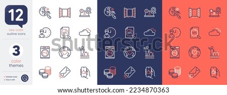 Set of Search flight, Washing machine and Tips line icons. Include Donation, E-mail, Search file icons. Working hours, Cloudy weather, Like app web elements. Video conference, Open door. Vector