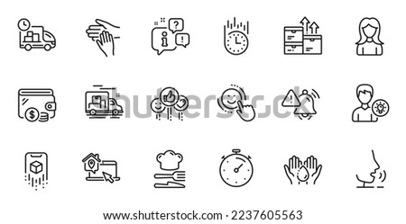 Outline set of Work home, Food and Wallet line icons for web application. Talk, information, delivery truck outline icon. Include Woman, Like, Wholesale goods icons. Vector