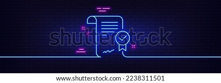 Neon light glow effect. Approved agreement line icon. Verified document sign. Accepted or confirmed symbol. 3d line neon glow icon. Brick wall banner. Approved agreement outline. Vector