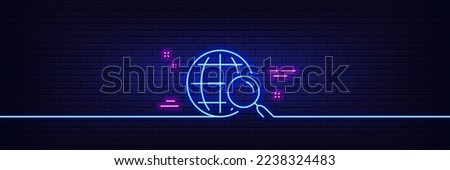 Neon light glow effect. Web search line icon. Find internet results sign. 3d line neon glow icon. Brick wall banner. Web search outline. Vector