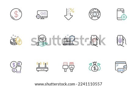 Bitcoin, Wifi and Seo line icons for website, printing. Collection of Check investment, Computer cables, Ecology app icons. Wallet, Money currency, Approved checkbox web elements. Vector