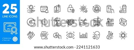 Outline icons set. Currency exchange, Swipe up and Notification icons. Certificate, Covid test, Attached info web elements. Timer, Pie chart, Euro money signs. Medical drugs. Vector