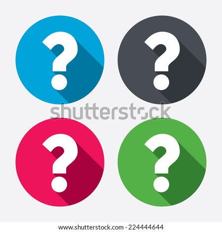 Question mark sign icon. Help symbol. FAQ sign. Circle buttons with long shadow. 4 icons set. Vector