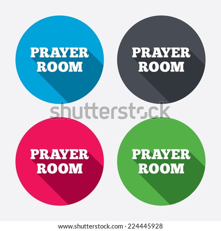 Prayer room sign icon. Religion priest faith symbol. Circle buttons with long shadow. 4 icons set. Vector