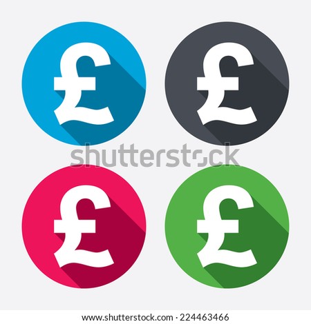 Pound sign icon. GBP currency symbol. Money label. Circle buttons with long shadow. 4 icons set. Vector