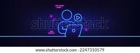 Neon light glow effect. Video conference line icon. Online training sign. Start presentation symbol. 3d line neon glow icon. Brick wall banner. Video conference outline. Vector