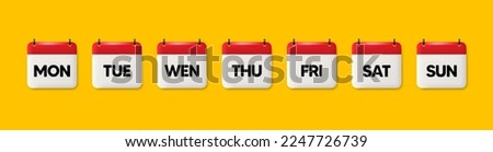 Calendar icons with days of the week. Working days as Monday, Tuesday and Wednesday, Thursday or Friday. Event schedule date. Calendar weekend as Saturday, Sunday. Date reminder tags. Vector