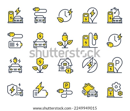 Electric car charging line icons. Charge station, Ev parking and Battery charger set. Home car charging, power station and electro energy line icons. Charge battery, parking electric plug. Vector