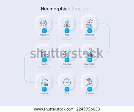 Neumorphic business 9 step flowchart or timeline diagram. Presentation process diagram. Business timeline chart template. Infographic 9 steps with icons. Project features infographic timeline. Vector
