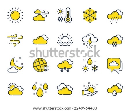 Weather and forecast line icons. Cloudy sky, winter snowflake, thermometer. Moon night, rain and sunset icons. Weather temperature, meteorology forecast and wind, thunder bolt. Vector