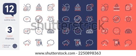 Set of Audit, Smile face and Time management line icons. Include Chat, 24h service, Talk bubble icons. Divider document, Snow weather, Ice cream web elements. Project deadline. Vector
