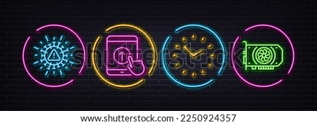 Time, Swipe up and Coronavirus minimal line icons. Neon laser 3d lights. Gpu icons. For web, application, printing. Clock, Scrolling screen, Covid warn. Graphic card. Neon lights buttons. Vector
