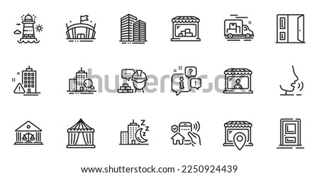 Outline set of Night city, Lighthouse and Court building line icons for web application. Talk, information, delivery truck outline icon. Include Open door, Build, Entrance icons. Vector
