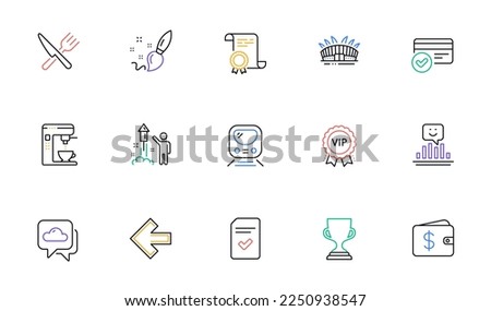 Coffee maker, Checked file and Award cup line icons for website, printing. Collection of Certificate, Fireworks, Paint brush icons. Weather forecast, Left arrow, Smile web elements. Vector