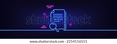 Neon light glow effect. Search file line icon. Find document sign. Magnify glass. 3d line neon glow icon. Brick wall banner. Search file outline. Vector