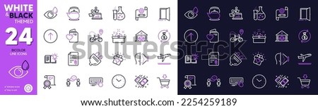 Consulting business, Love gift and Departure plane line icons for website, printing. Collection of Eye drops, Product knowledge, Attachment icons. Online market, Present box. Vector