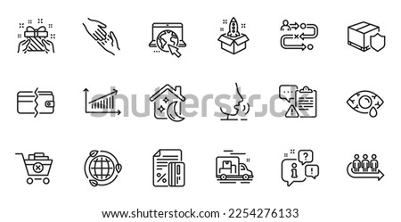 Outline set of Queue, Helping hand and Sleep line icons for web application. Talk, information, delivery truck outline icon. Include Journey path, Clipboard, Payment methods icons. Vector