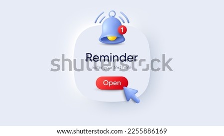 Reminder 3d notifications page with alert bell. Calendar event notice message. Push notifications box. Event alert message, web notification box and announcement notice. Vector illustration