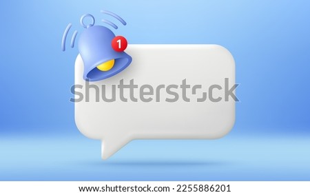 3d empty reminder popup notice. Push notification with bell icon. Phone alert message template. Speech bubble with 3d alert bell. Empty chat message reminder. Vector illustration