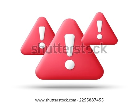 Red danger warning triangle 3d icon. Alert, caution or emergency notification symbol. Danger hazard notification. Caution alert notice, triangle warning reminder and emergency attention. Vector