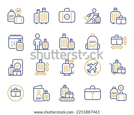 Baggage line icons. Travel bag size, Check weight and Backpack set. Airport luggage belt, handbag dimensions and baggage claim line icons. Check bag size, allowed luggage and briefcase. Vector
